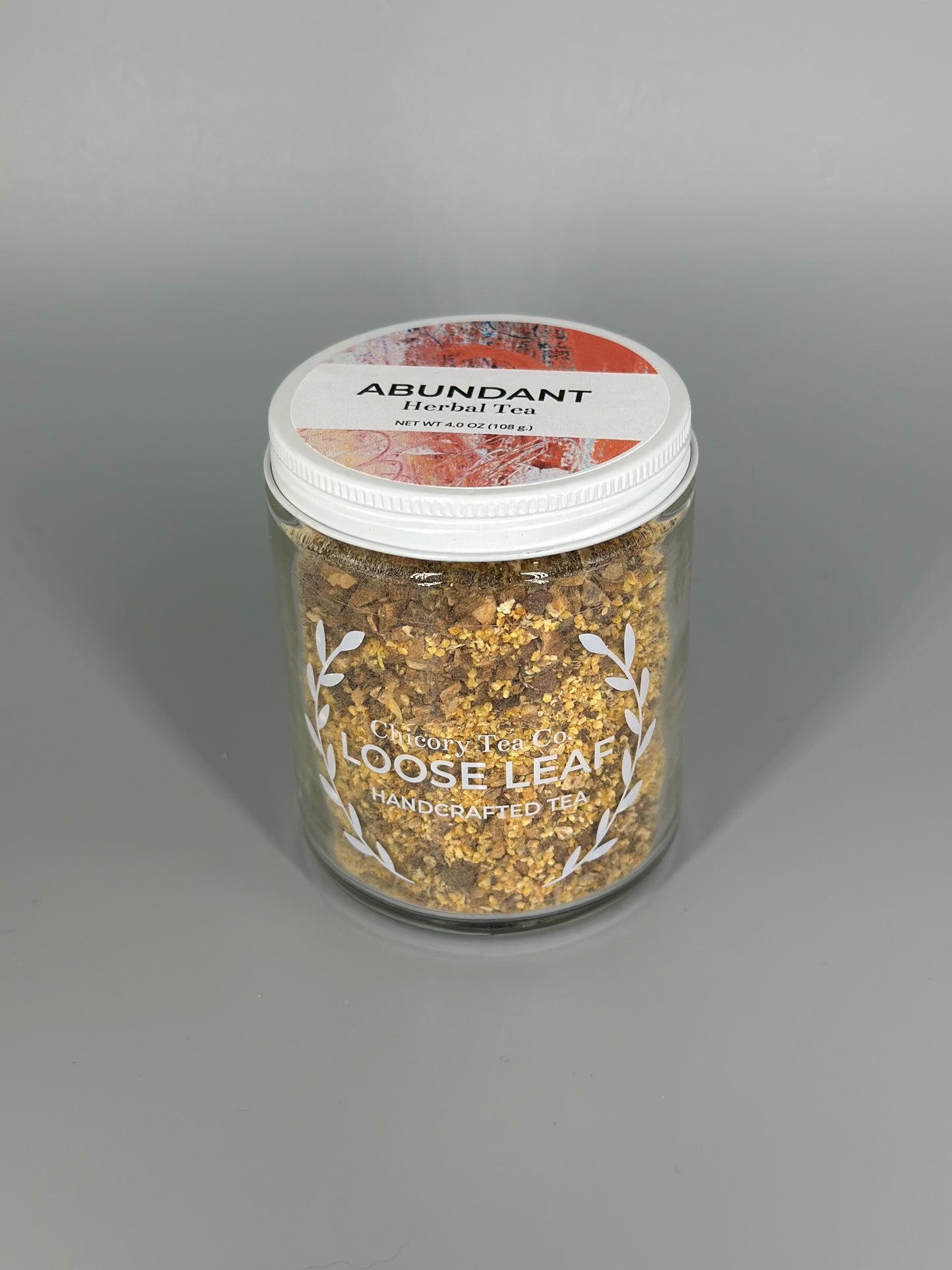 Chicory Tea Co.'s Abundant Herbal Tea in the jar, view from front