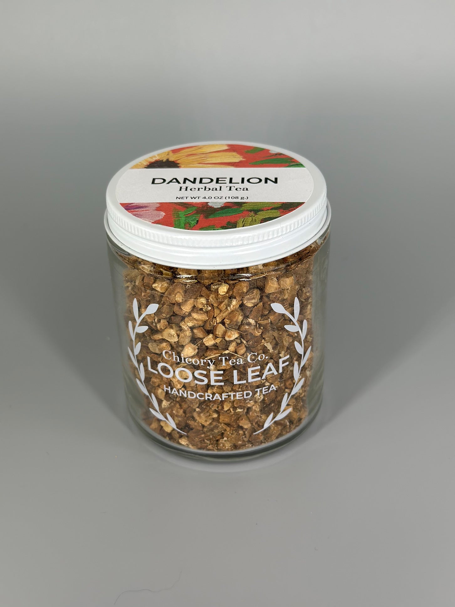 Chicory Tea Co.'s Dandelion Herbal Tea in the jar, view from the front