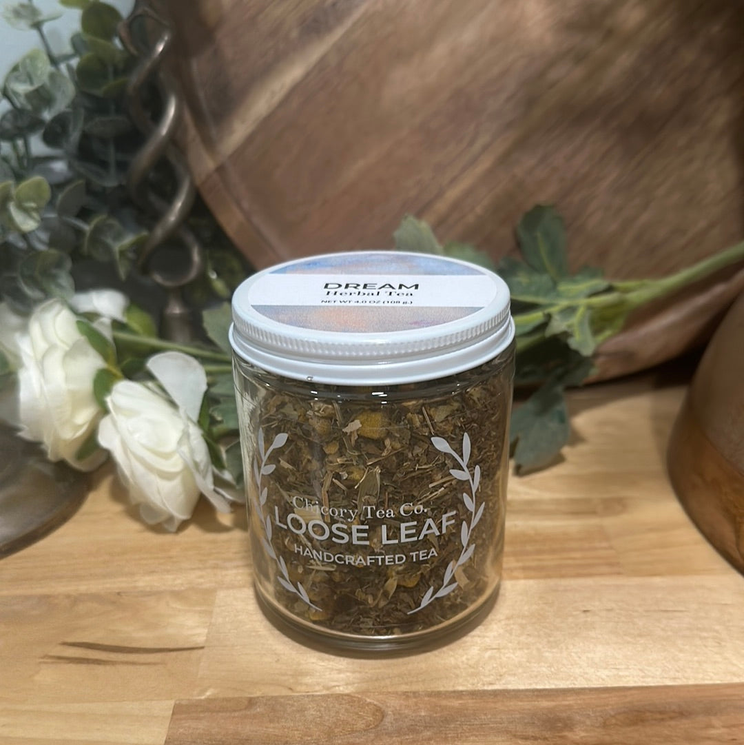 An artistic product photo of Chicory Tea Co.'s Dream Herbal Tea in the jar, view from the front