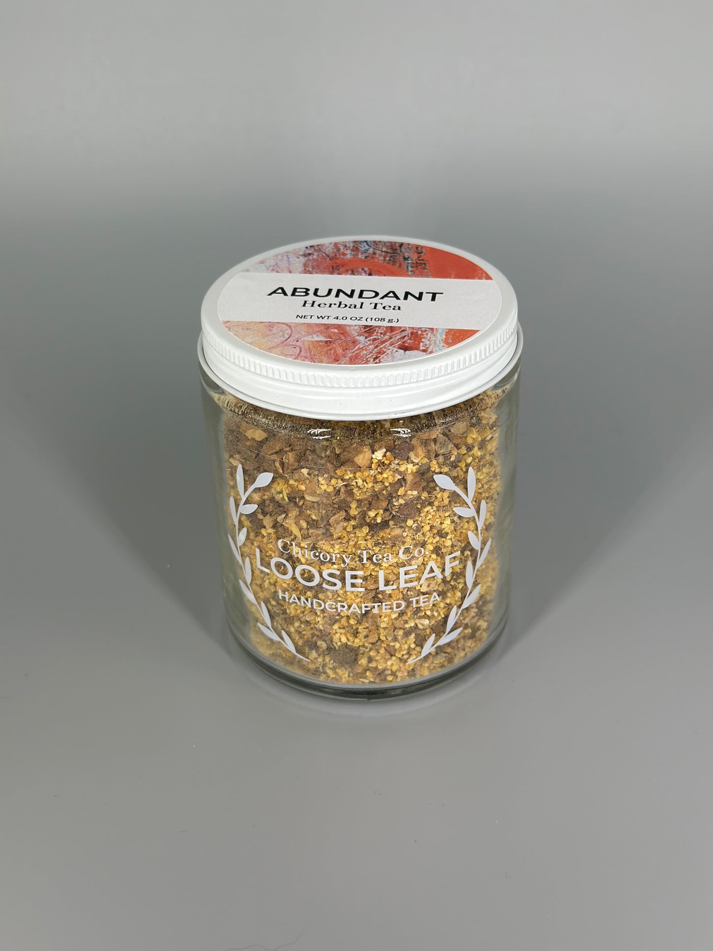 Chicory Tea Co.'s Abundant Herbal Tea in the jar, view from front