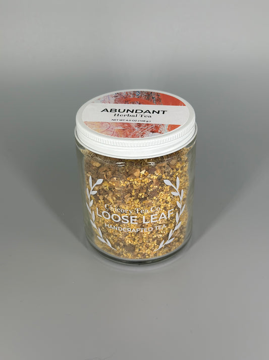 Chicory Tea Co.'s Abundant Herbal Tea in the jar, view from front