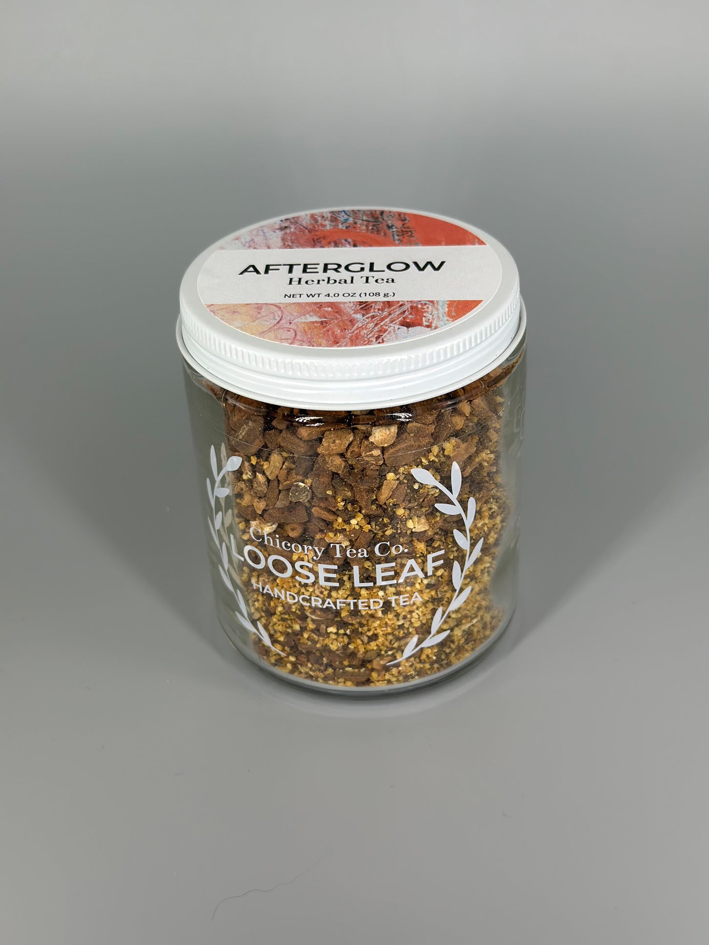 Chicory Tea Co.'s Afterglow Herbal Tea in jar, view from front