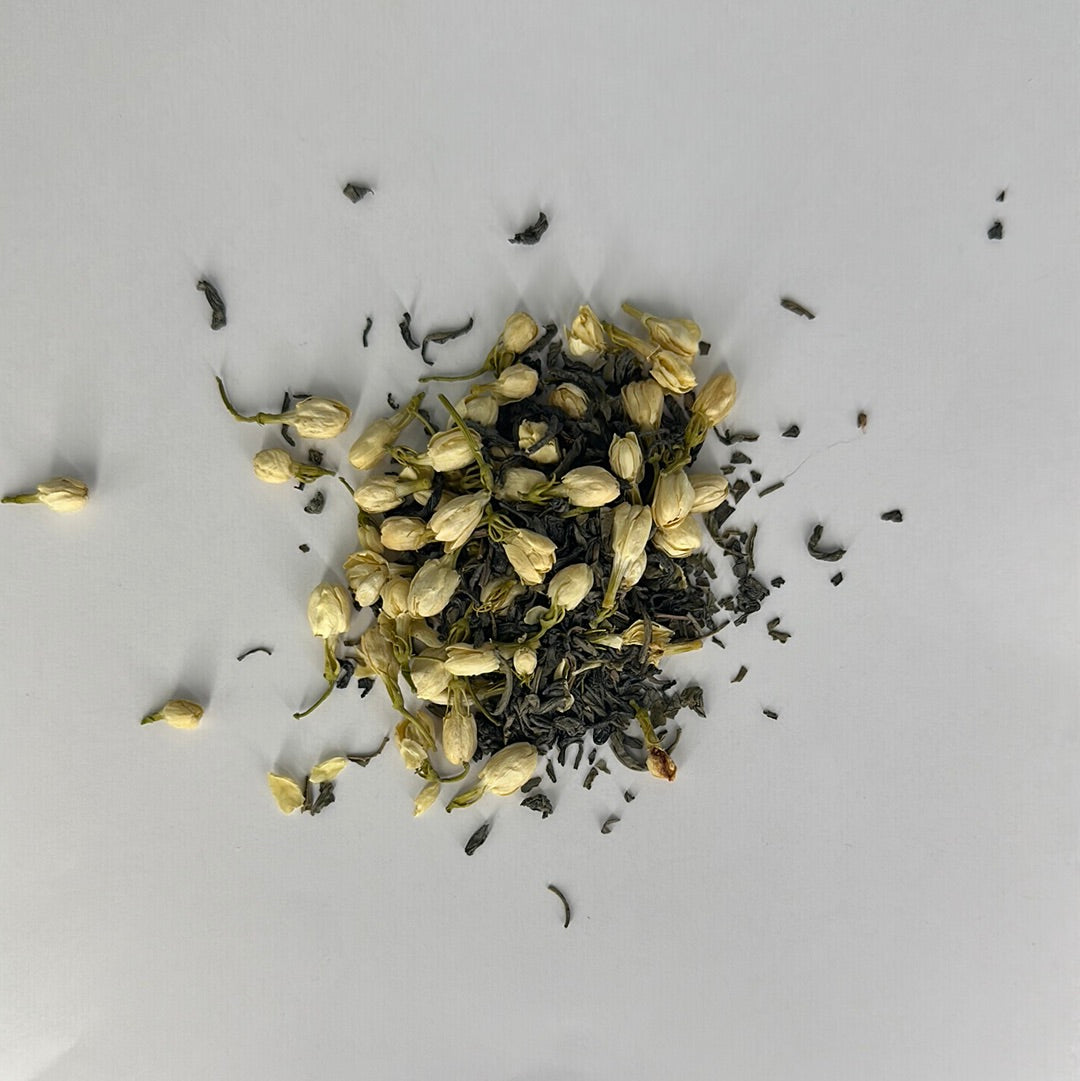 Chicory Tea Co.'s Bloom Green Tea loose leaves, view from top