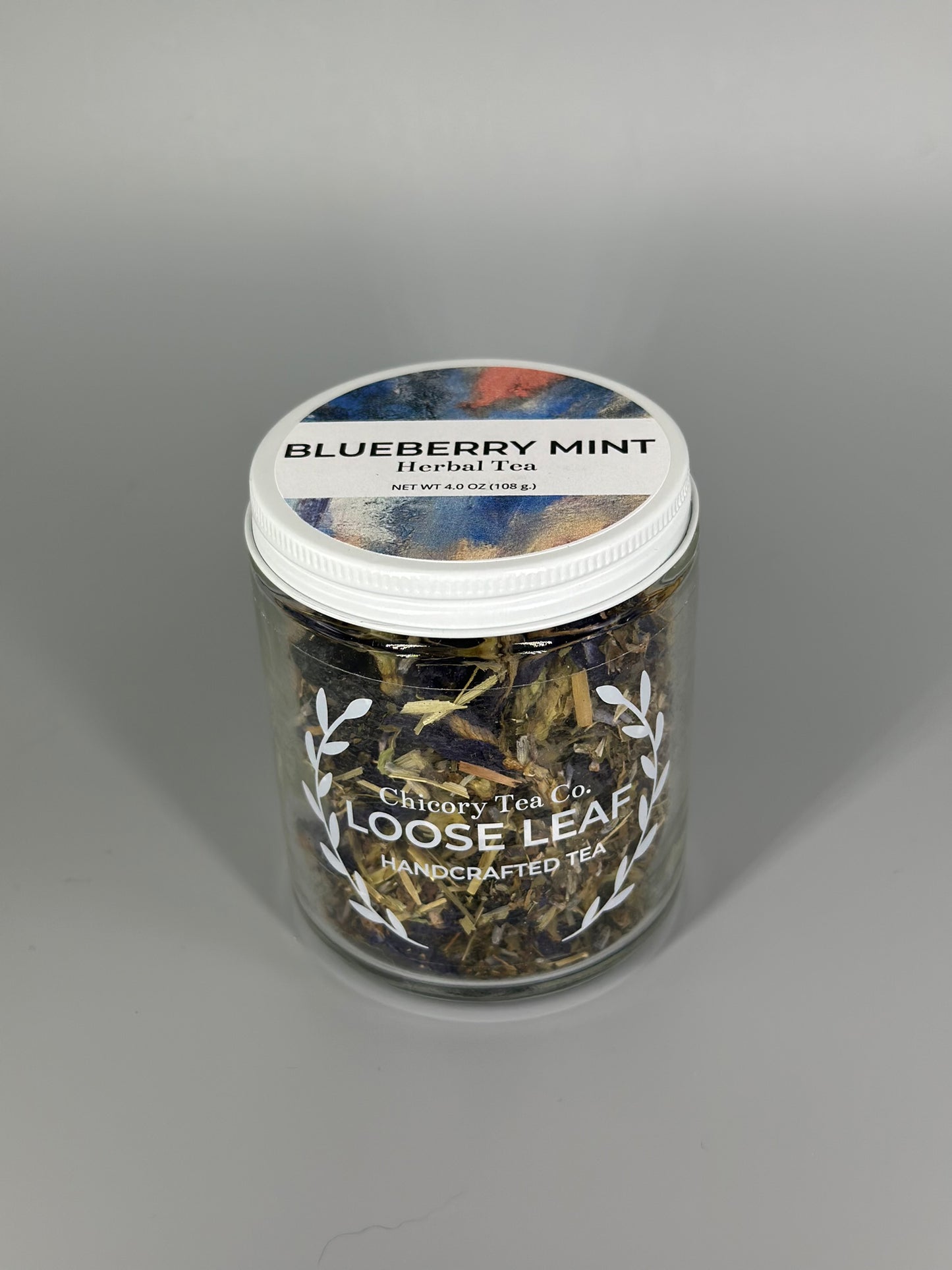 Chicory Tea Co.'s Blueberry Mint Herbal Tea, view from the front