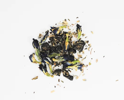 Chicory Tea Co.'s Blueberry Mint Herbal Tea loose leaf, view from the top