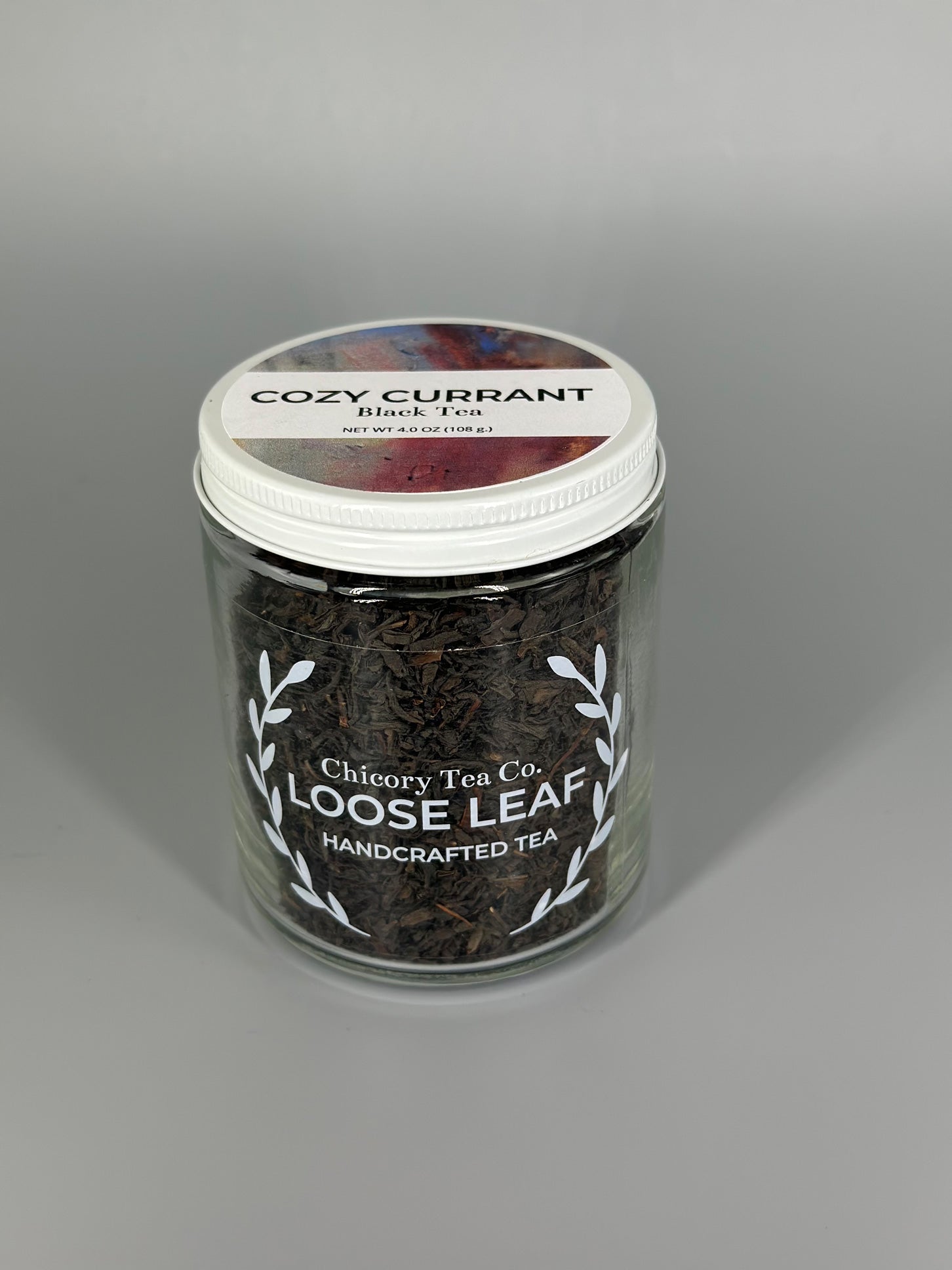 Chicory Tea Co.'s Cozy Currant in the jar, view from the front