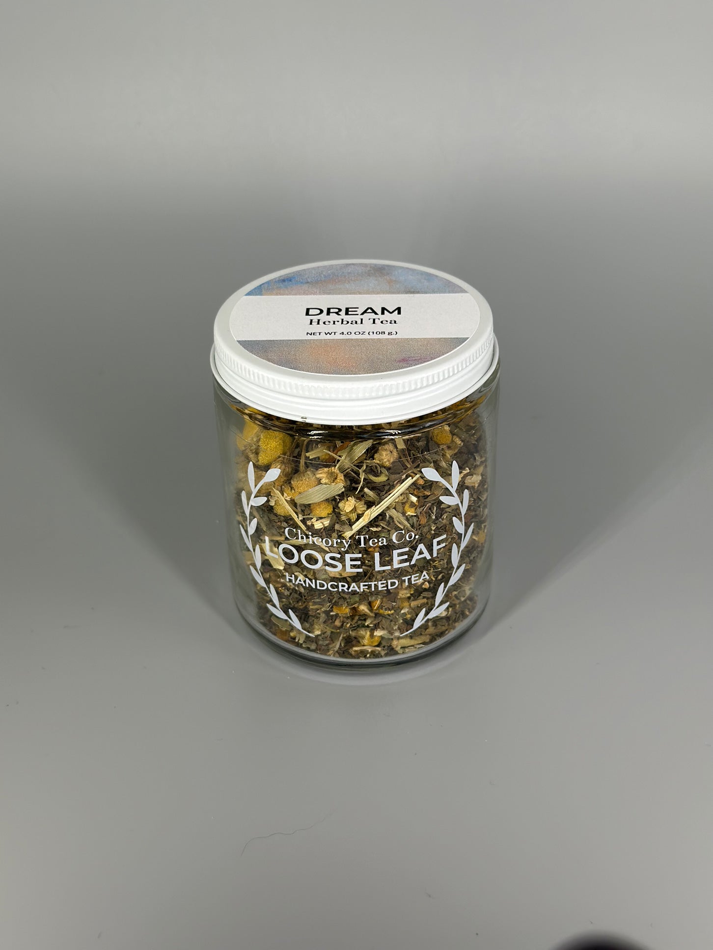 Chicory Tea Co.'s Dream Herbal Tea in the jar, view from the front