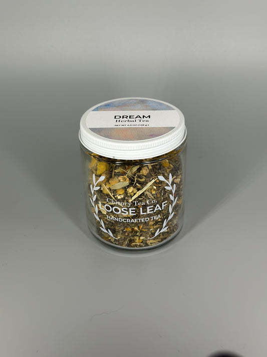 Chicory Tea Co.'s Dream Herbal Tea in the jar, view from the front