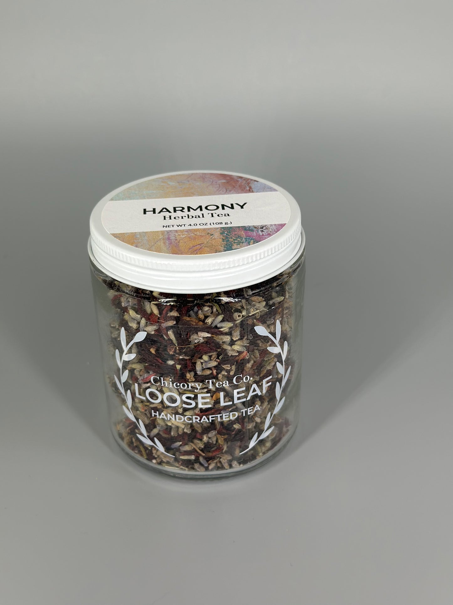 Chicory Tea Co.'s Harmony Herbal Tea in the jar, view from the front