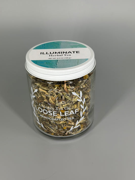 Chicory Tea Co.'s Illuminate Herbal Tea in the jar, from the front