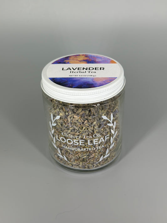 Chicory Tea Co.'s Lavender Mint in the jar, view from front