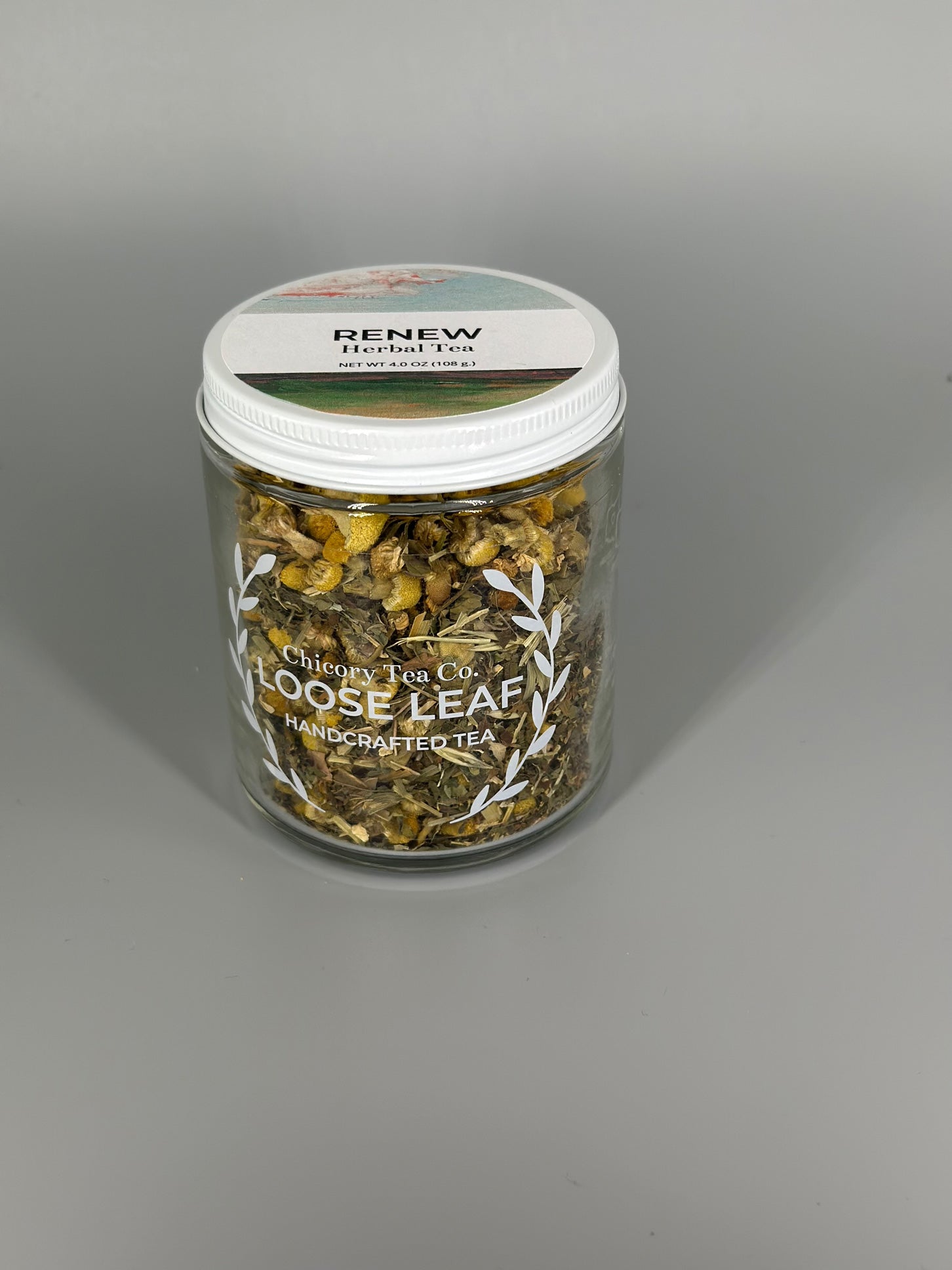 Chicory Tea Co.'s Renew Herbal Tea in the jar, view from front