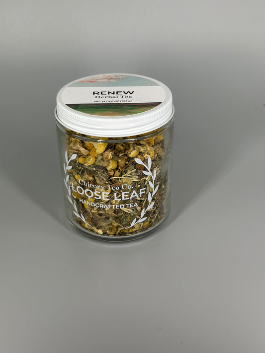 Chicory Tea Co.'s Renew Herbal Tea in the jar, view from front