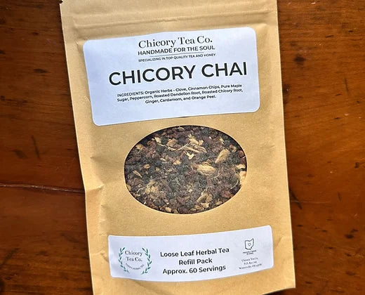 Chicory Tea Co.'s Chicory Chai Herbal Tea in refill pack, view from the front